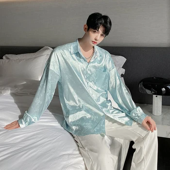 2022 Весна Осень Модная жаккардовая шелковая рубашка Мужская Harajuku Повседневные атласные рубашки с длинным рукавом Элегантная блузка в корейском стиле