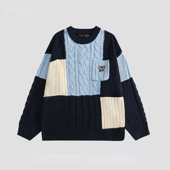 Мужской вязаный свитер 2023 года, уличная одежда в стиле хип-хоп, пуловер в стиле пэчворк с цветными блоками, повседневный осенний свитер в стиле Харадзюку