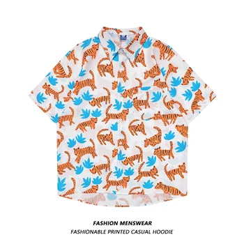 Повседневная рубашка Оверсайз, Мужская Летняя футболка 2023 года с принтом Тигра По всему телу, Универсальная Свободная пара, Тенденции модной одежды