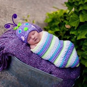 Реквизит для детской фотосессии Милый Костюм Гусеницы, вязаный крючком, Мультяшный Спальный мешок, шапка, реквизит для фотосессии новорожденных, Одежда для фотосъемки