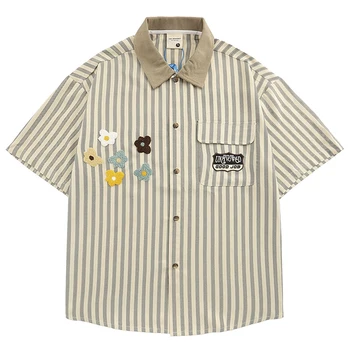 Рубашка в полоску с коротким рукавом, мужская Летняя уличная одежда, японские рубашки с карманами с 3D цветочной вышивкой, однобортные повседневные топы с лацканами