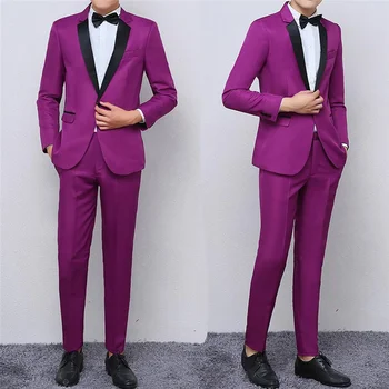 Сшитые на заказ фиолетовые смокинги жениха, черные мужские костюмы с лацканами, 2 предмета, свадебное платье для шафера (куртка + брюки)